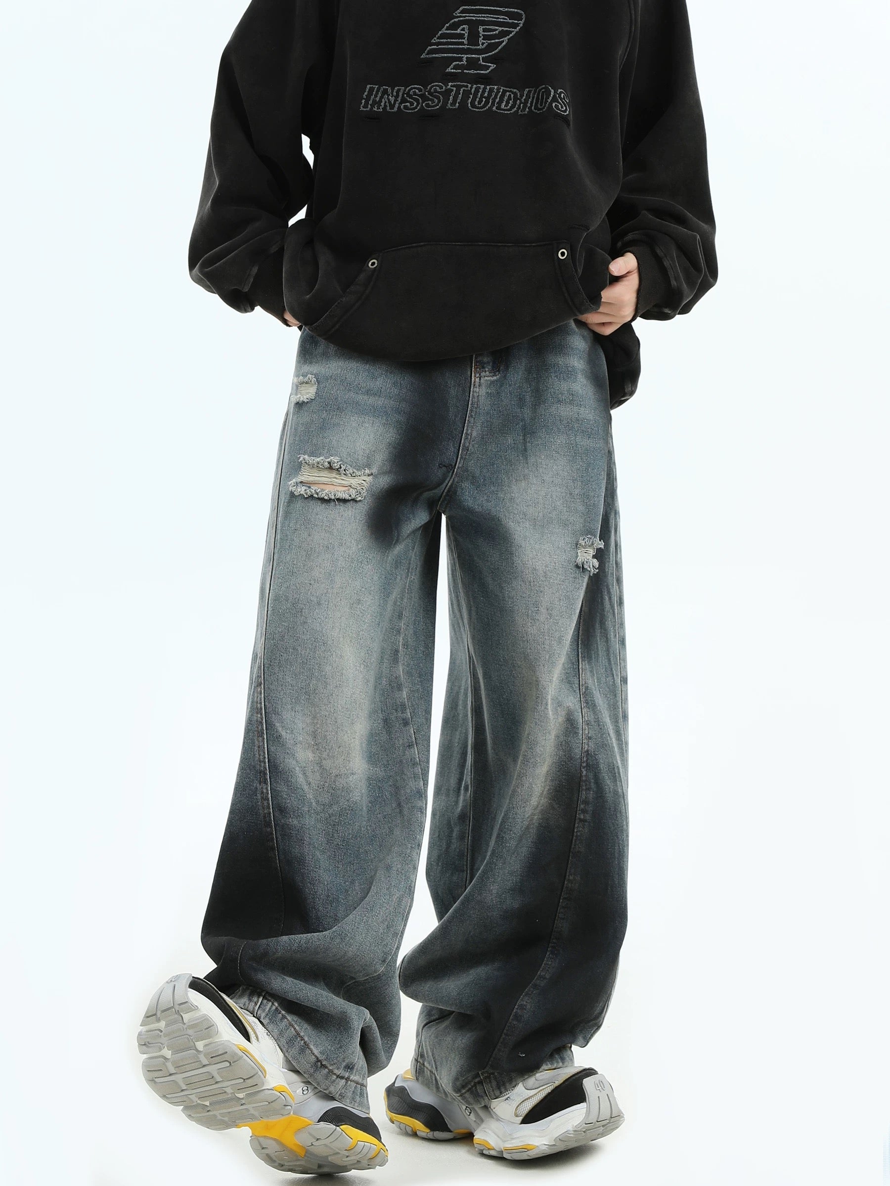 Men’s Graffiti Washed Distressed Jeans – Vintage American High Street Denim Pants B0059