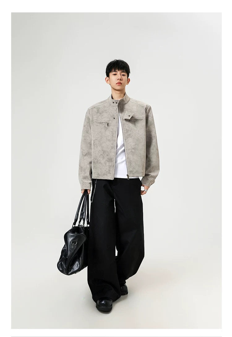 Chaqueta vintage de piel sintética con efecto tie-dye para hombre, cuello alto, estilo urbano, T0078