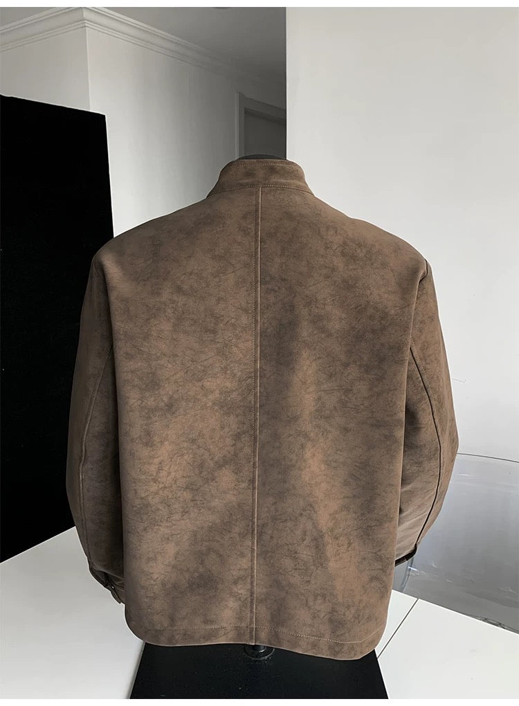 Chaqueta vintage de piel sintética con efecto tie-dye para hombre, cuello alto, estilo urbano, T0078