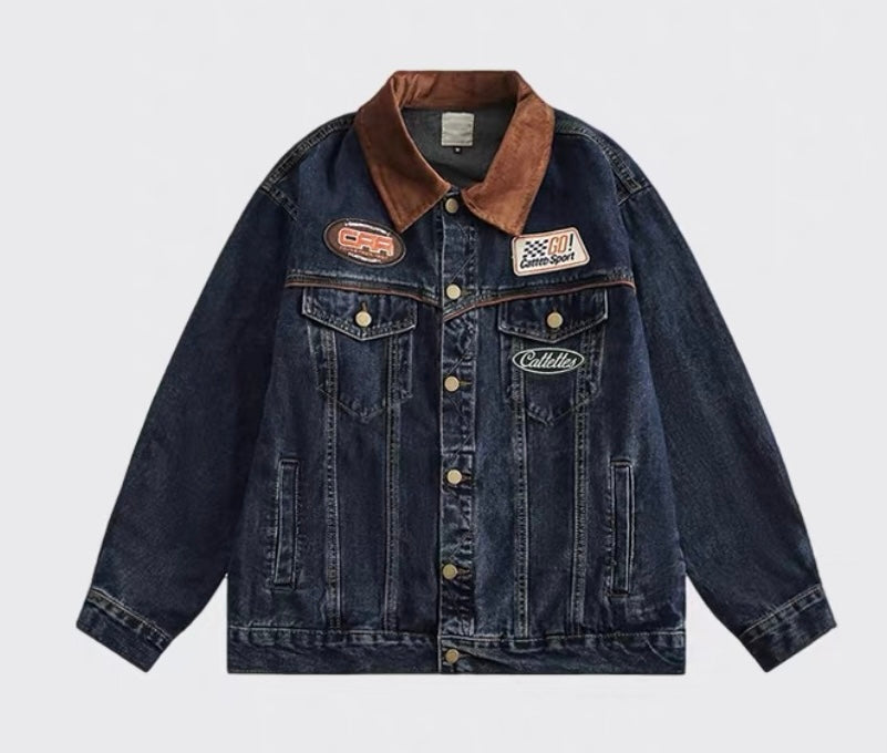 Men’s Vintage Patch Denim Jacket – American Retro Streetwear Outerwear T0084