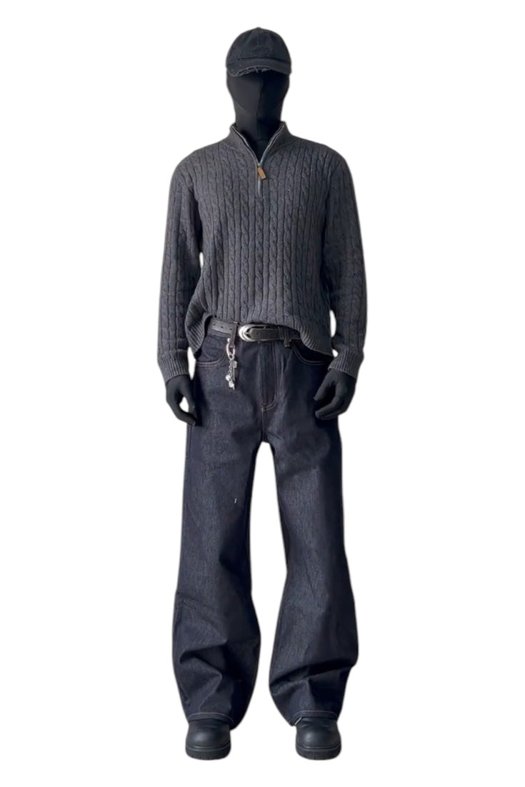 [FLAT ROOM] CABLE KNIT HALF-ZIP WOOL SWEATER S0187