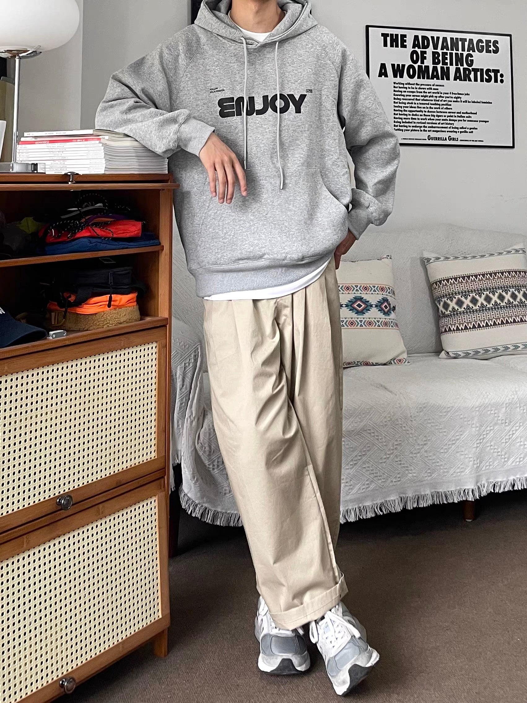 オーバーサイズレタープリントパーカー - 春秋用ボックスプルオーバースウェットシャツ（ユニセックスカジュアルウェア）T0031