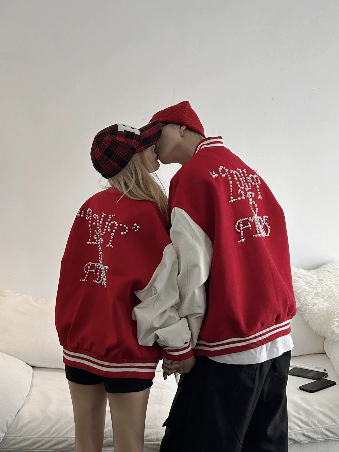 American Streetwear Rhinestone Baseball Jacket - Unisex Couple's Style AW Collection Retro Red Faux Leather & Wool Blend Bomber T0035