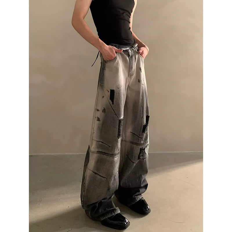 Chaqueta vaquera de alta gama para hombre con hombreras y diseño de agujeros teñidos con tierra de desecho de nicho R007 