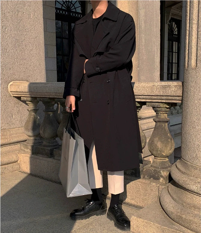 Autumn knee trench coat men's medium and long double-breasted loose coat Korean trendy casual handsome coat R035