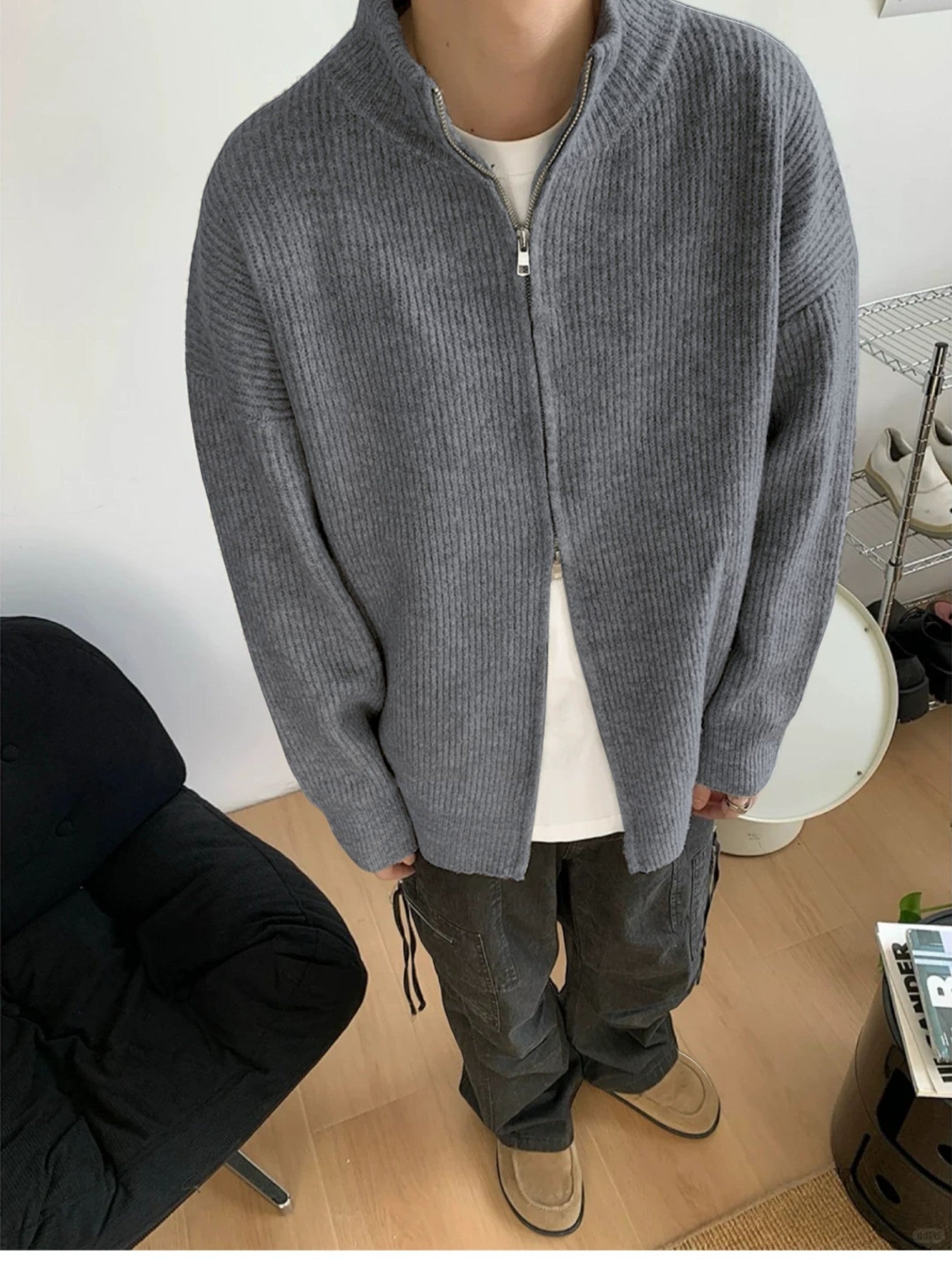 [WXB] KOREAN RIBBED ZIP-UP HIGH COLLAR shirt T0203