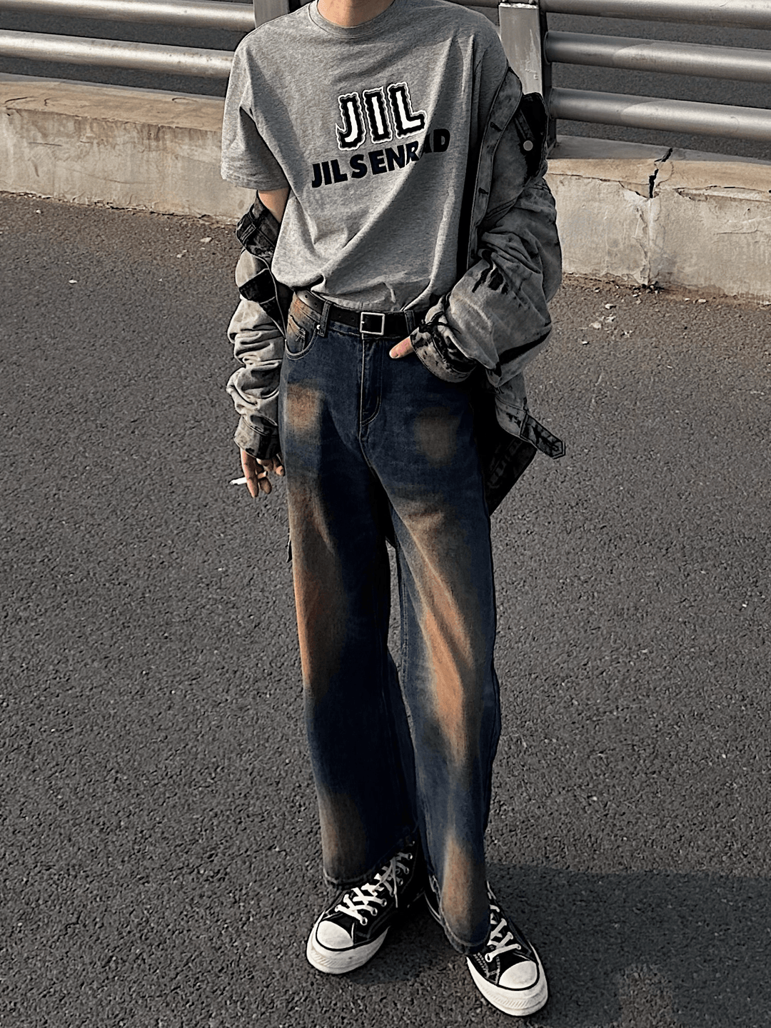 Washed contrast color wide leg jeans B0119