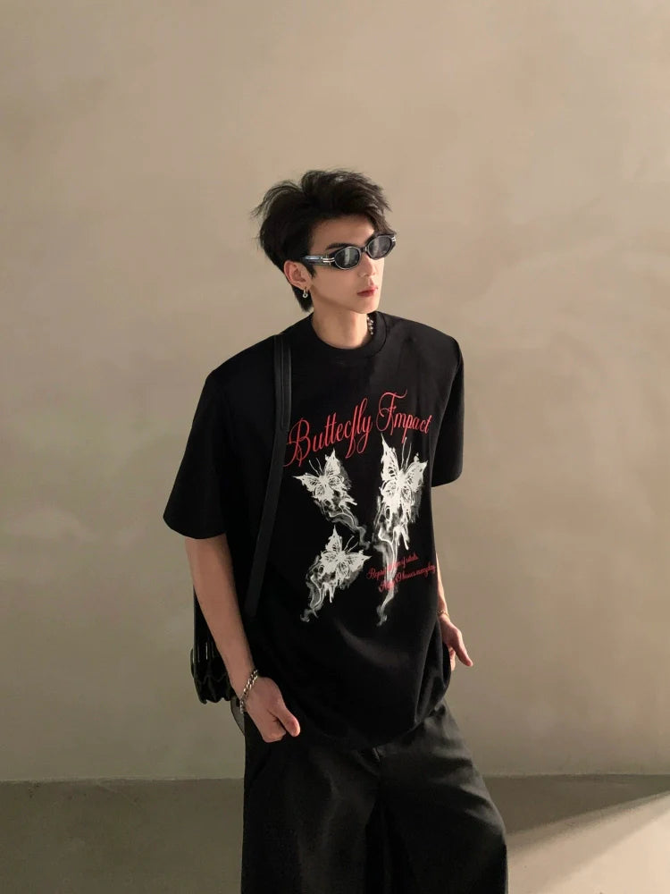 Summer niche high-end butterfly printing heavy shoulder pads short-sleeved T-shirt men's half-sleeved top tide J0087