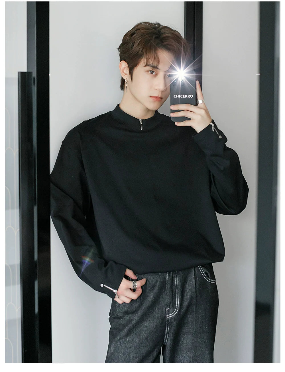 Men's spring zipper design sense inner bottoming shirt thin white long-sleeved T-shirt tide J0084