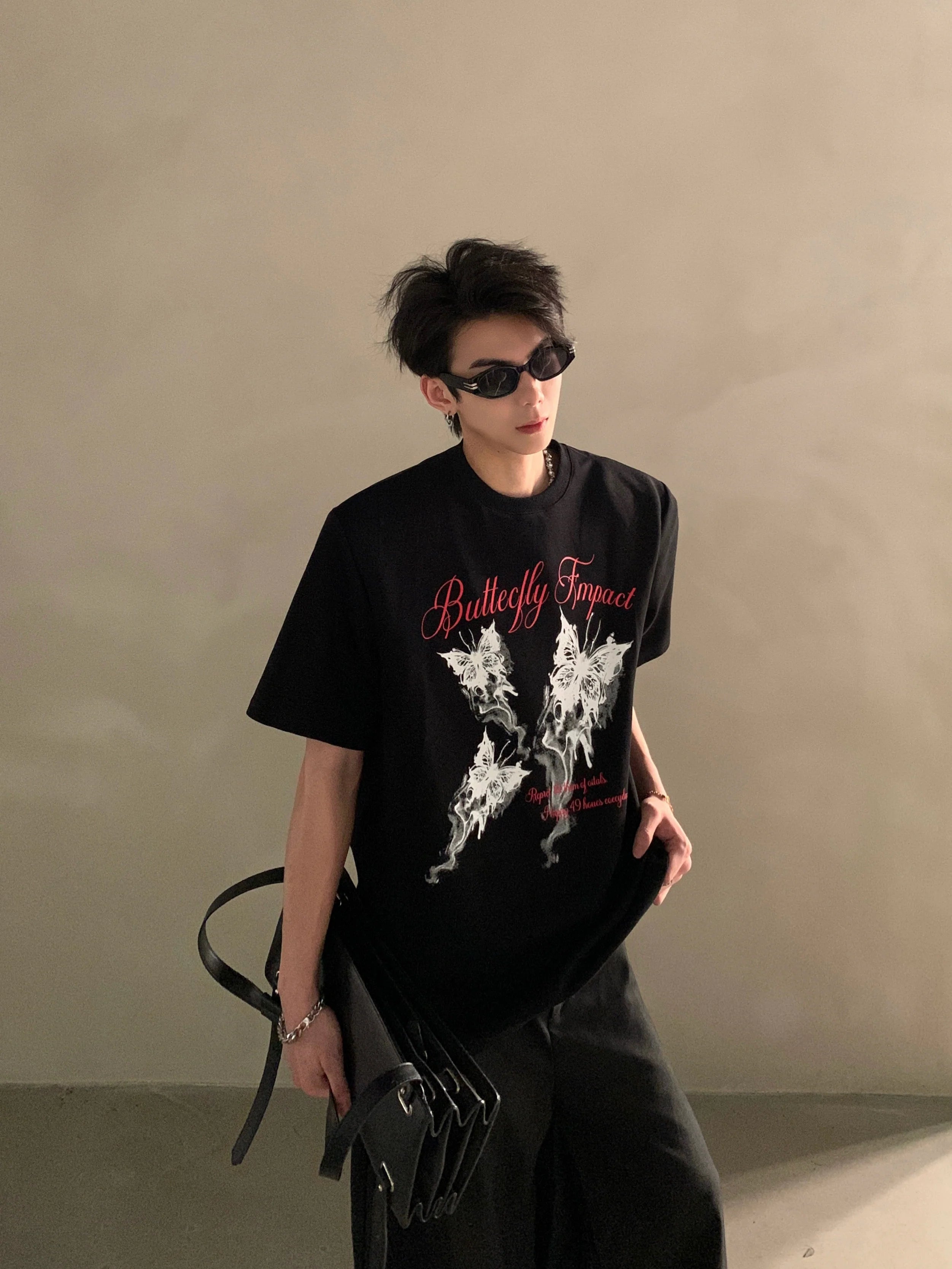 Summer niche high-end butterfly printing heavy shoulder pads short-sleeved T-shirt men's half-sleeved top tide J0087