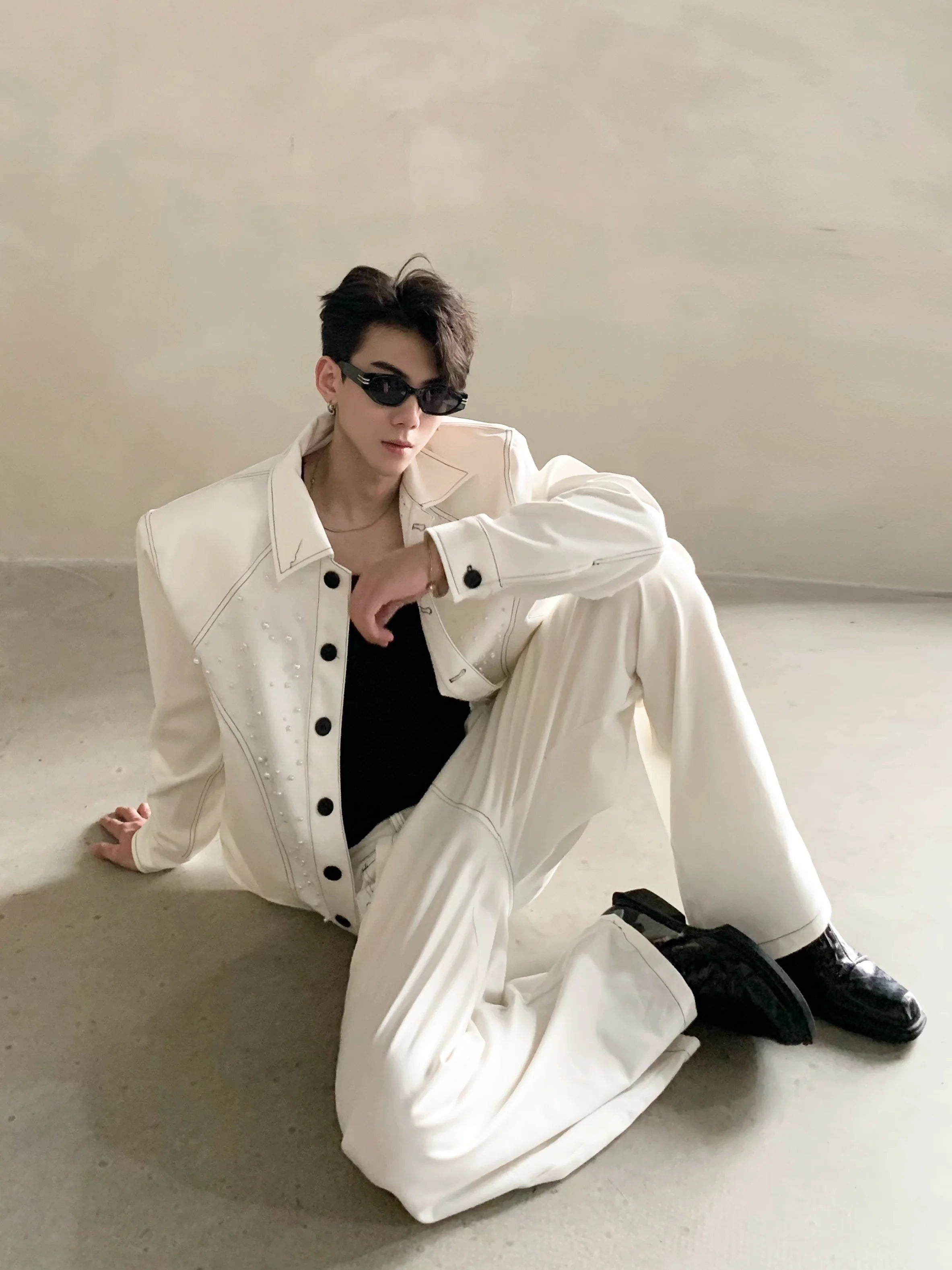 Niche high-end white shoulder padded jacket jacket men's autumn trousers suit minimalist style R003