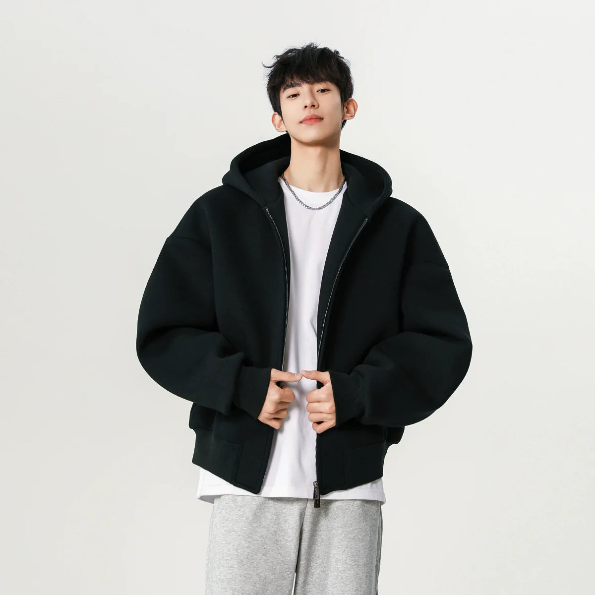 Heavy silhouette cardigan sweater men's spring and autumn new double zipper design hooded fashion short casual coat S0175