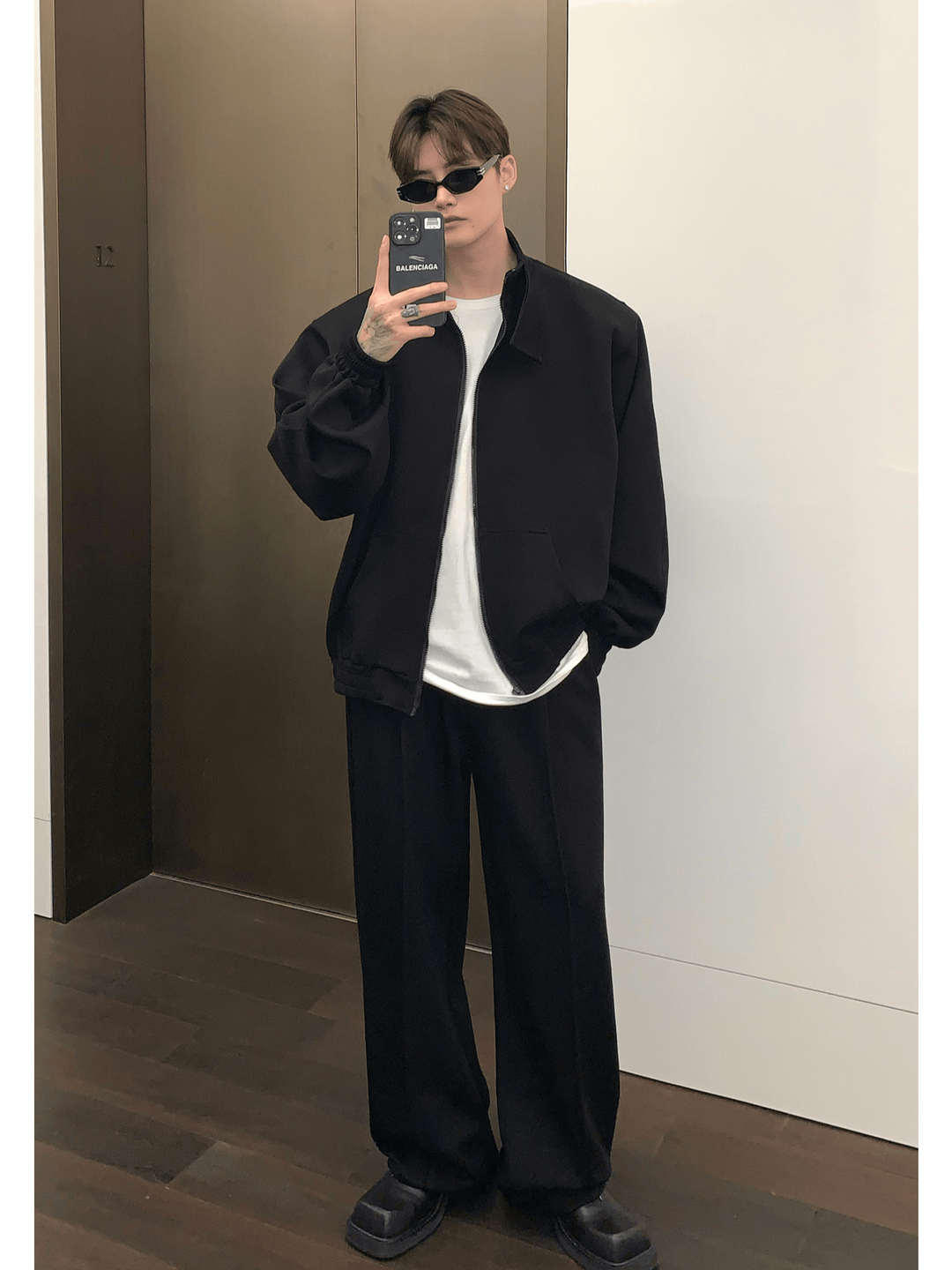 [CUIBUJU] スタンドカラーショルダーパッドカーディガンセーターセットアップ S0195