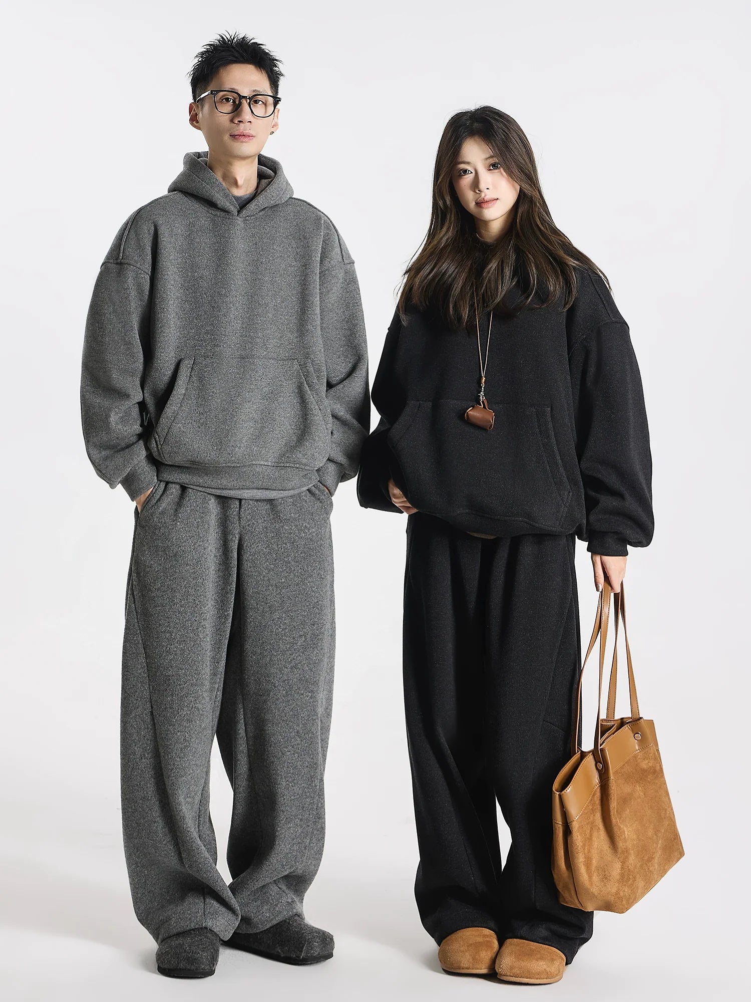 Kangaroo sweater heavy double stream spinning terry cloth stacked wear velvet kangaroo hooded sweater set S0177