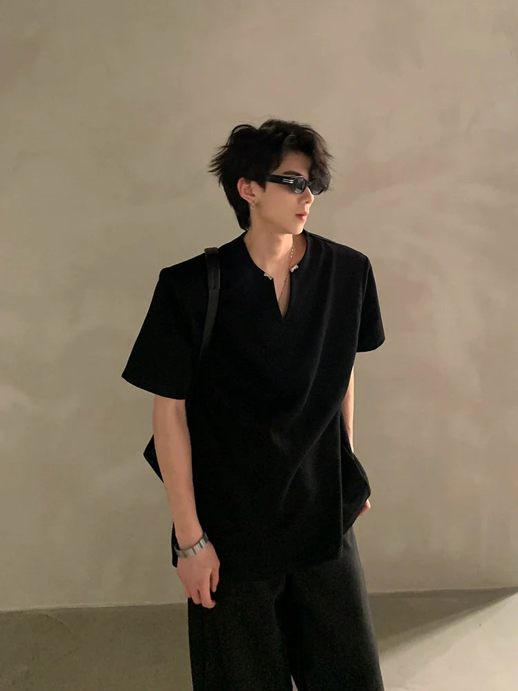 Summer high-end V-neck metal decorative shoulder pads short-sleeved T-shirt male ruffian handsome loose half-sleeved top J0090