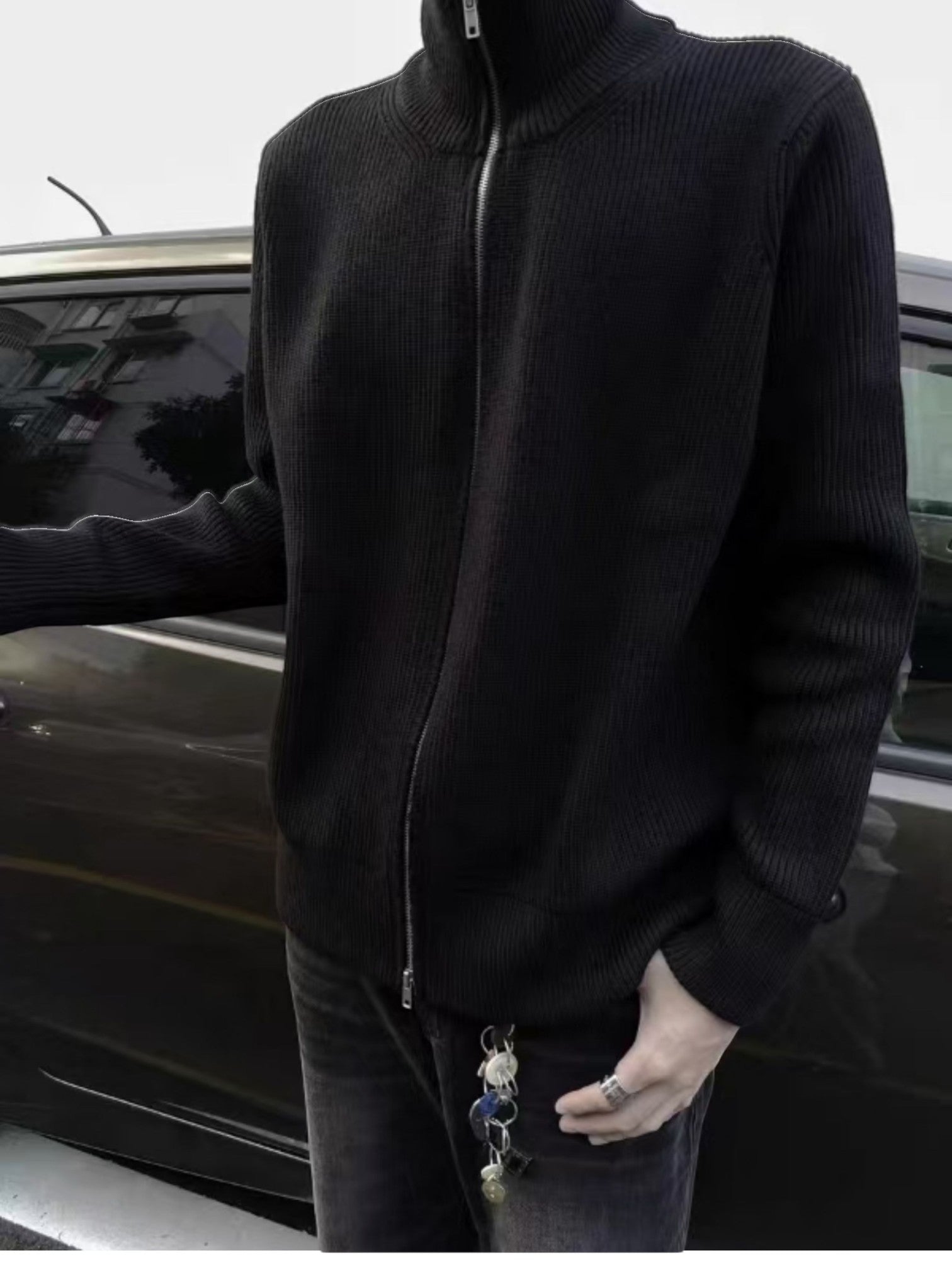 [WXB] KOREAN RIBBED ZIP-UP HIGH COLLAR shirt T0203