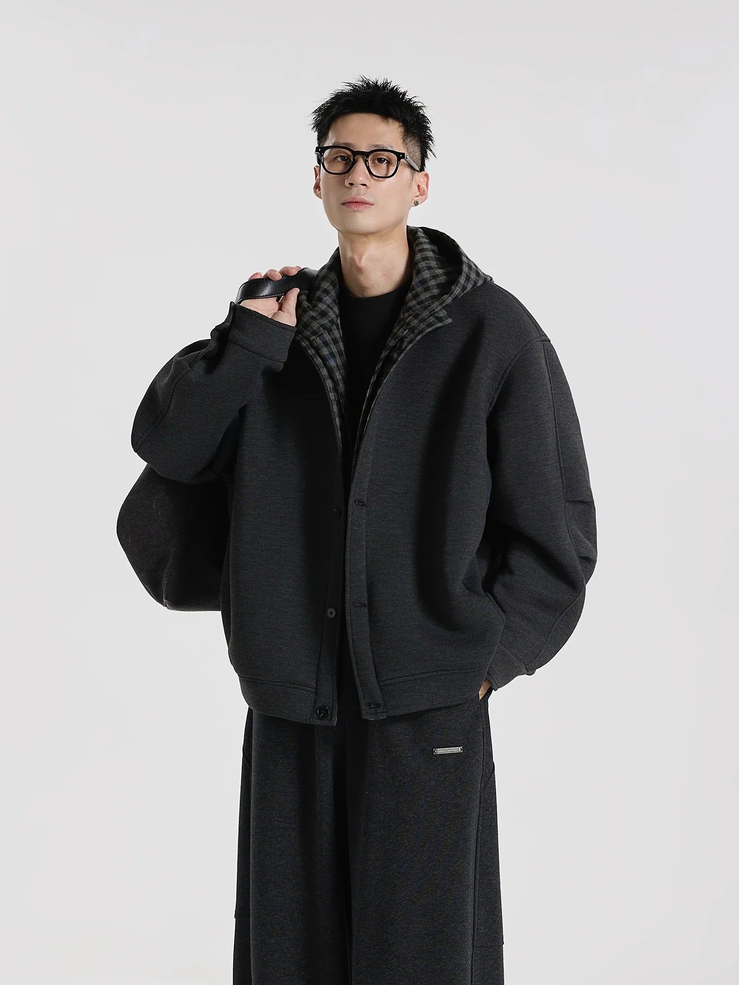 Time Overlapping" Jelly Air Layer Plaid Splicing Fake Two-piece Cardigan Hooded Sweater Jacket S0176