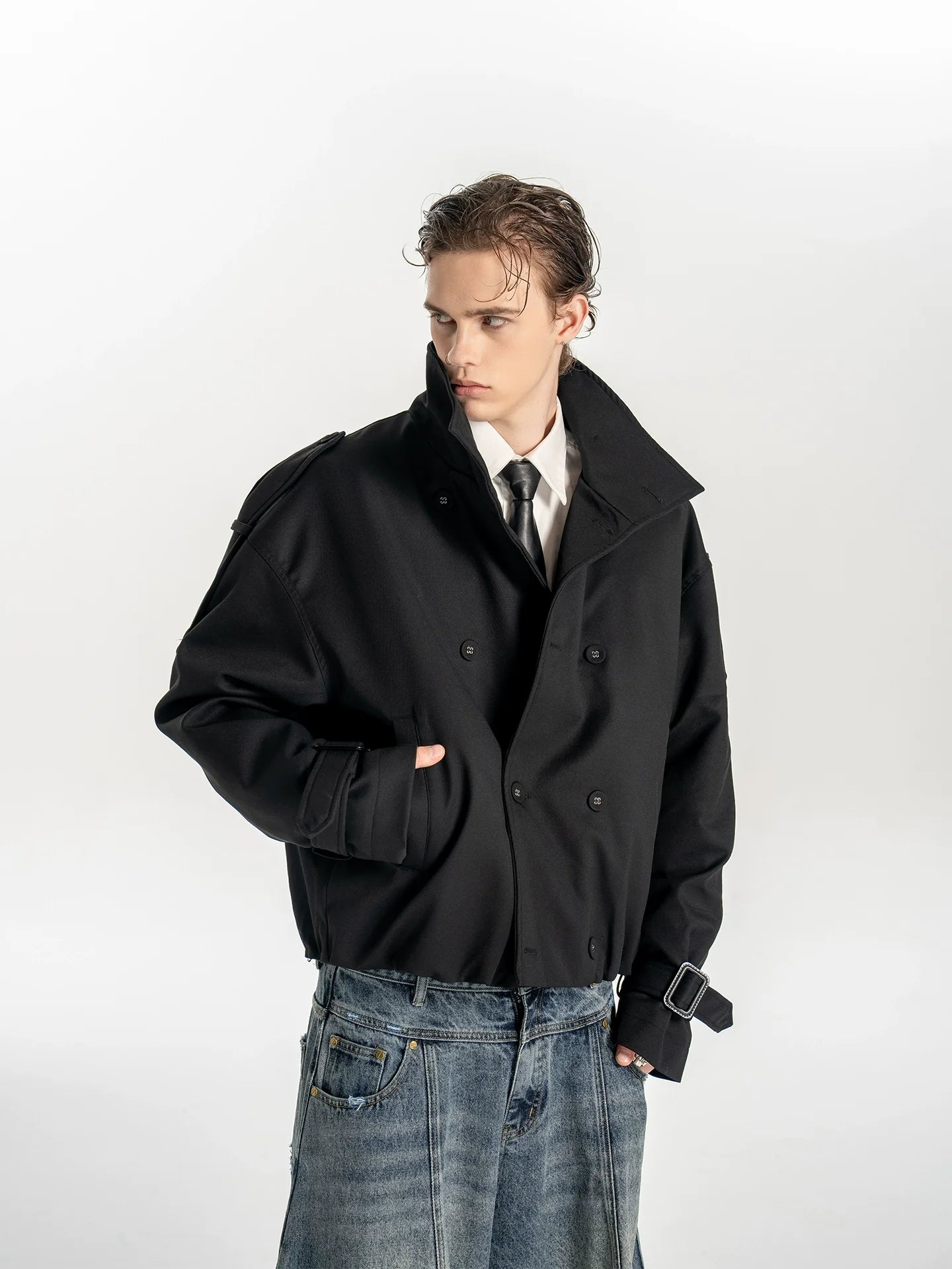 Pragmatism, American stand-up neck padded trench coat, wide shoulder, autumn and winter T0158 short jacket
