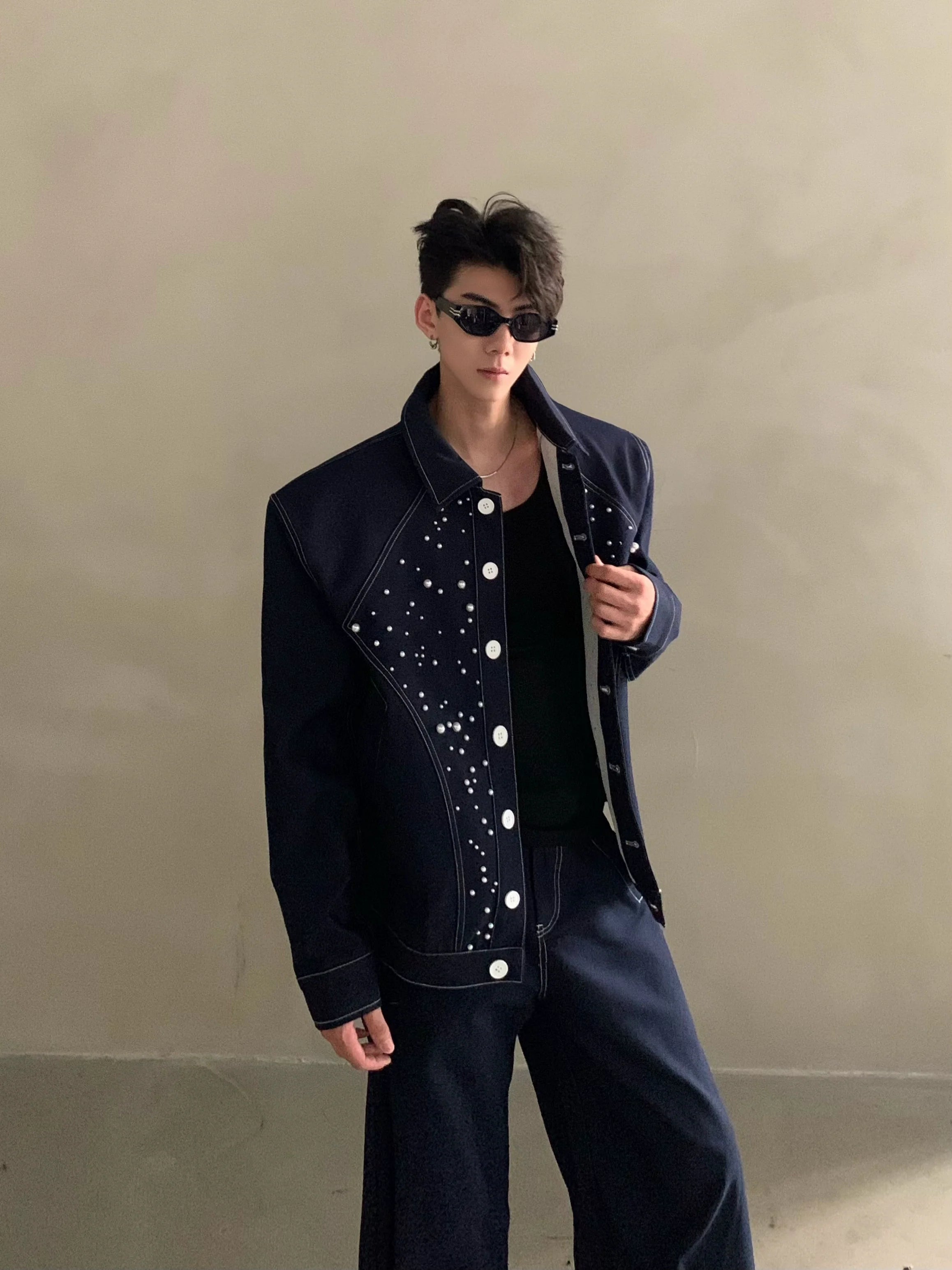 Niche high-end sense light luxury bright diamond pearl design denim jacket men's ruffian handsome fashion suit tide R006