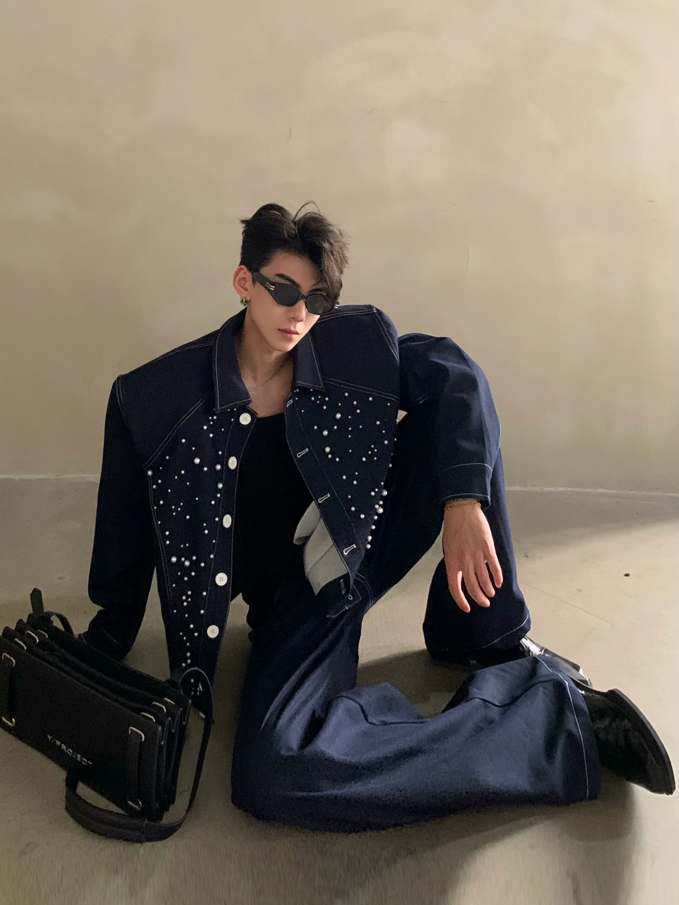 Niche high-end sense light luxury bright diamond pearl design denim jacket men's ruffian handsome fashion suit tide R006