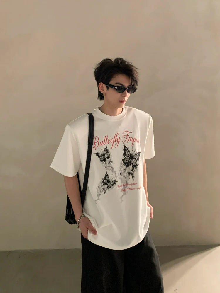 Summer niche high-end butterfly printing heavy shoulder pads short-sleeved T-shirt men's half-sleeved top tide J0087
