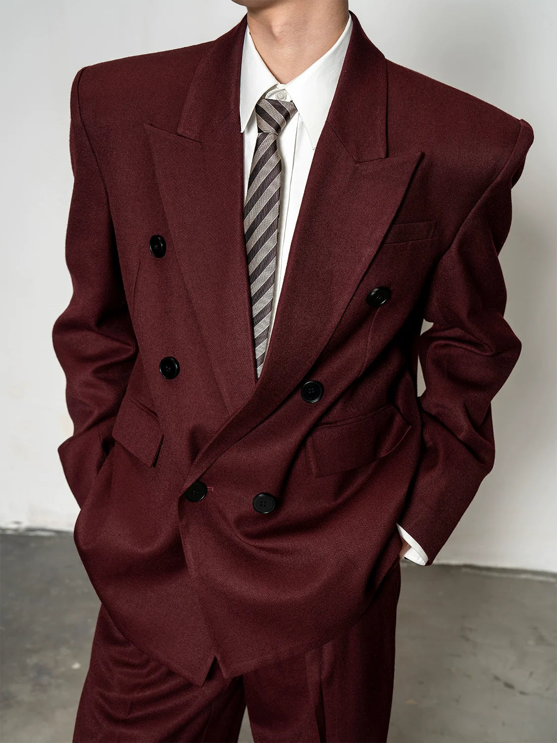 High quality wool overturned shoulder suit jacket men's loose and wide trousers two-piece set R019