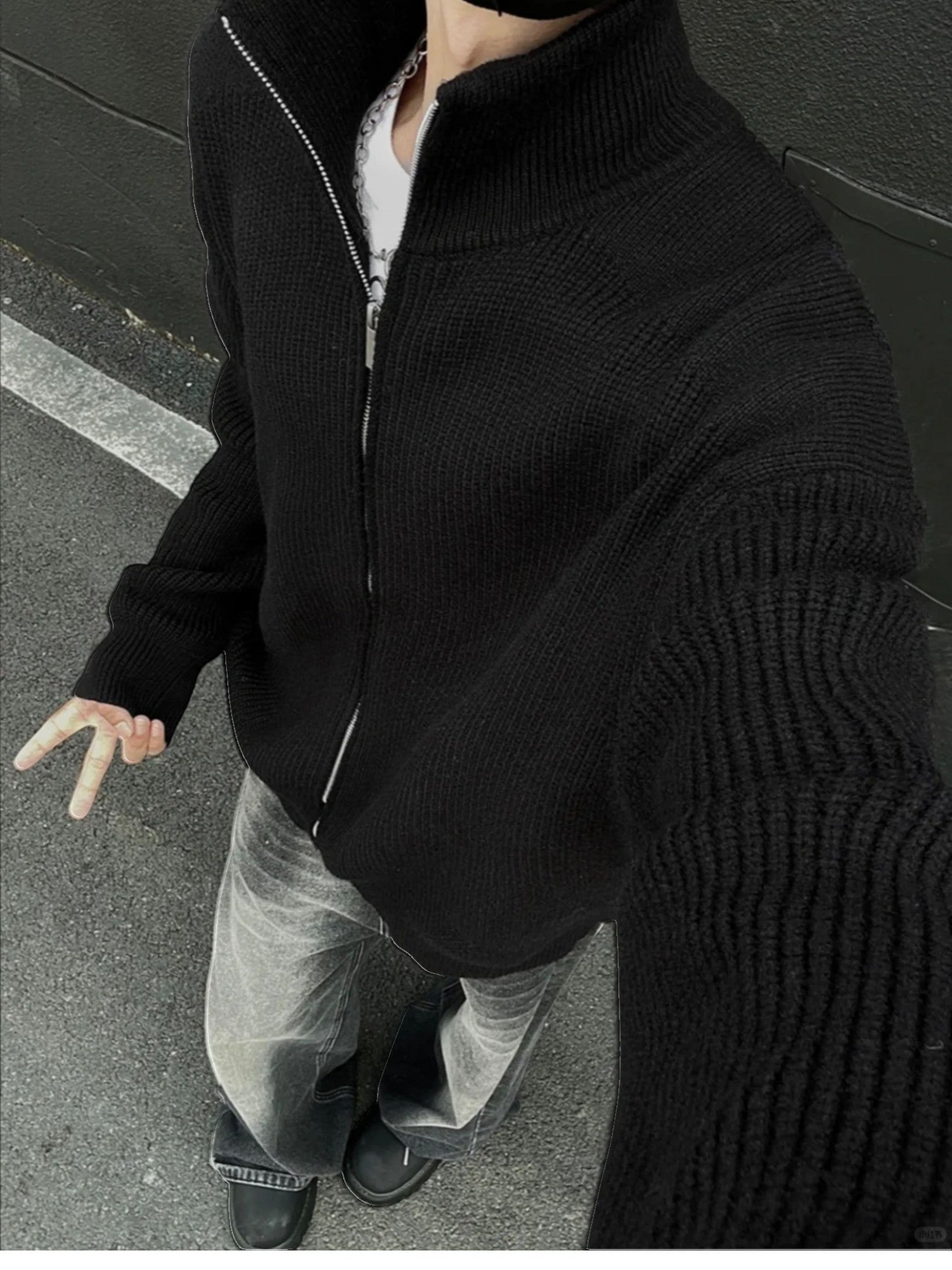 [WXB] KOREAN RIBBED ZIP-UP HIGH COLLAR shirt T0203