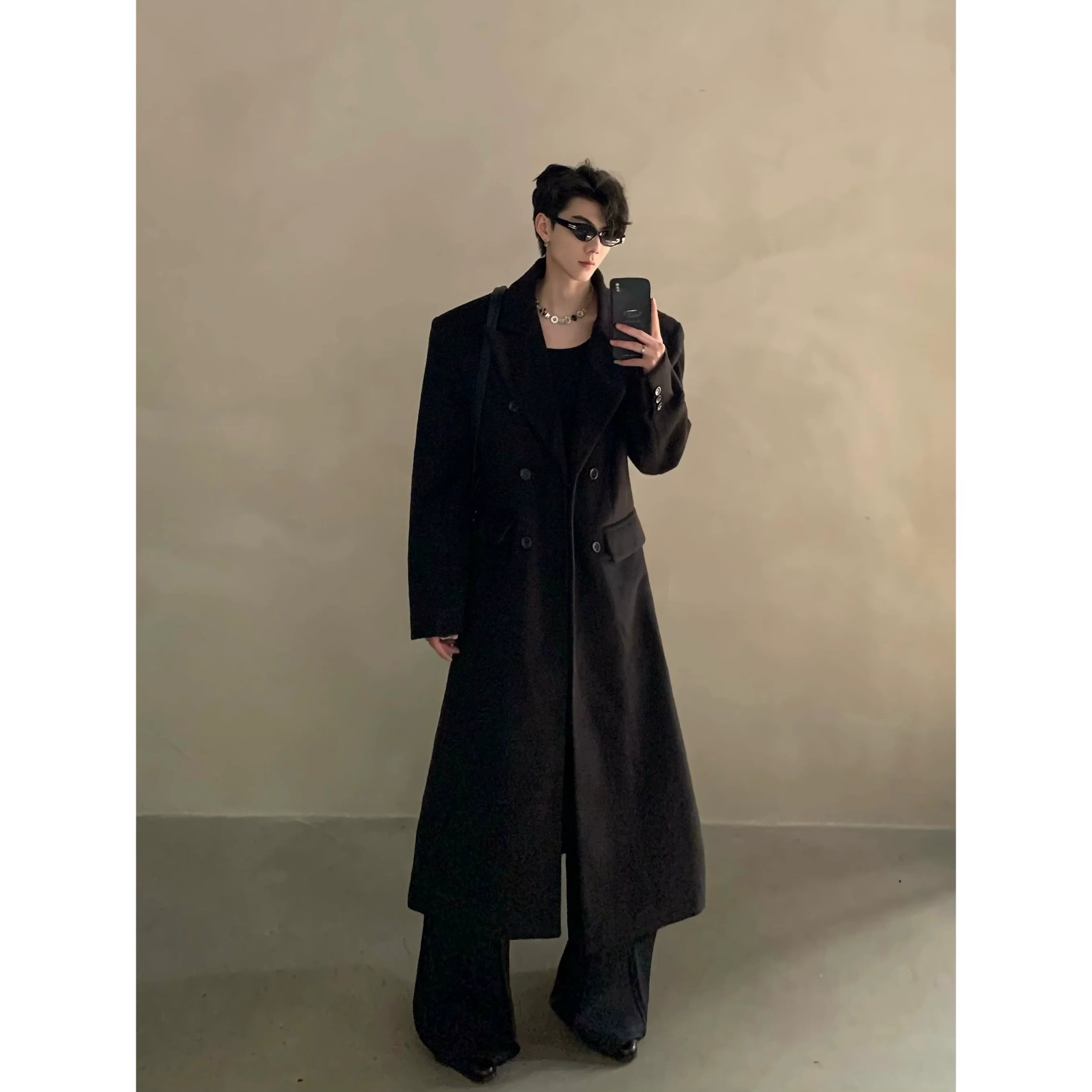 冬用ニッチショルダーパッド入りシルエットウールコートメンズロングダブルブレストプレミアムトレンチコートR037 