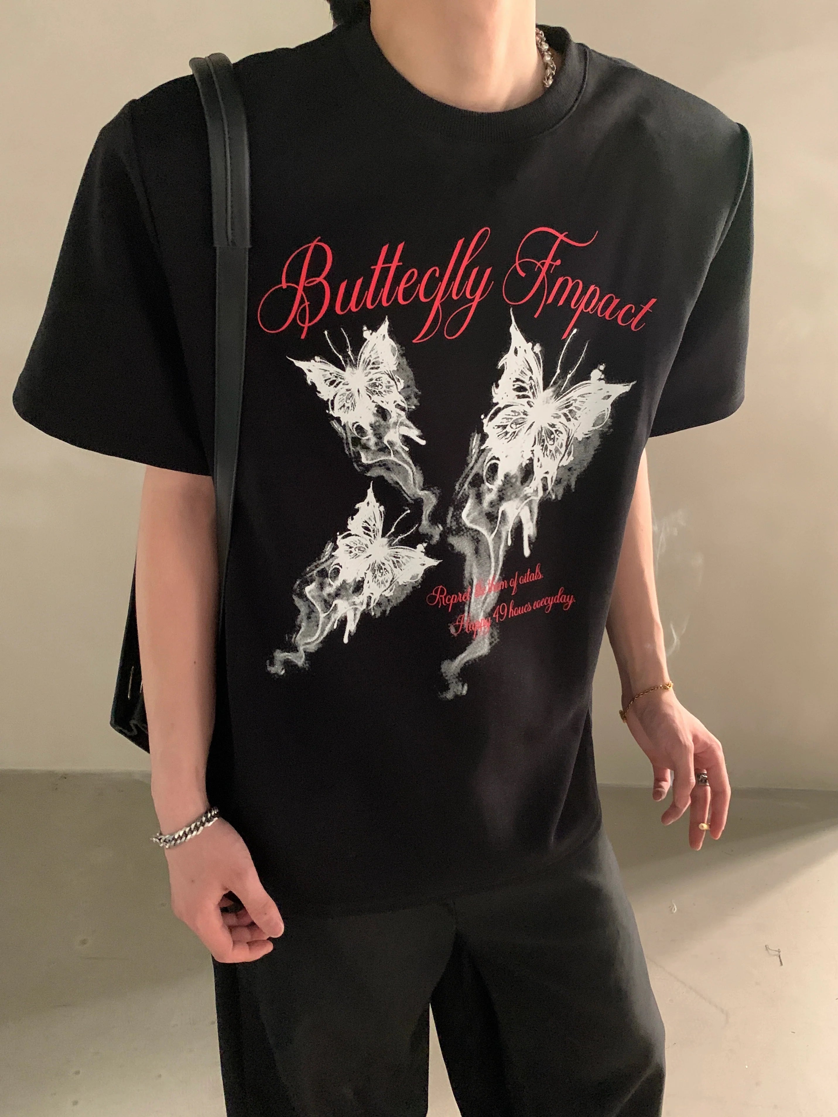 Summer niche high-end butterfly printing heavy shoulder pads short-sleeved T-shirt men's half-sleeved top tide J0087