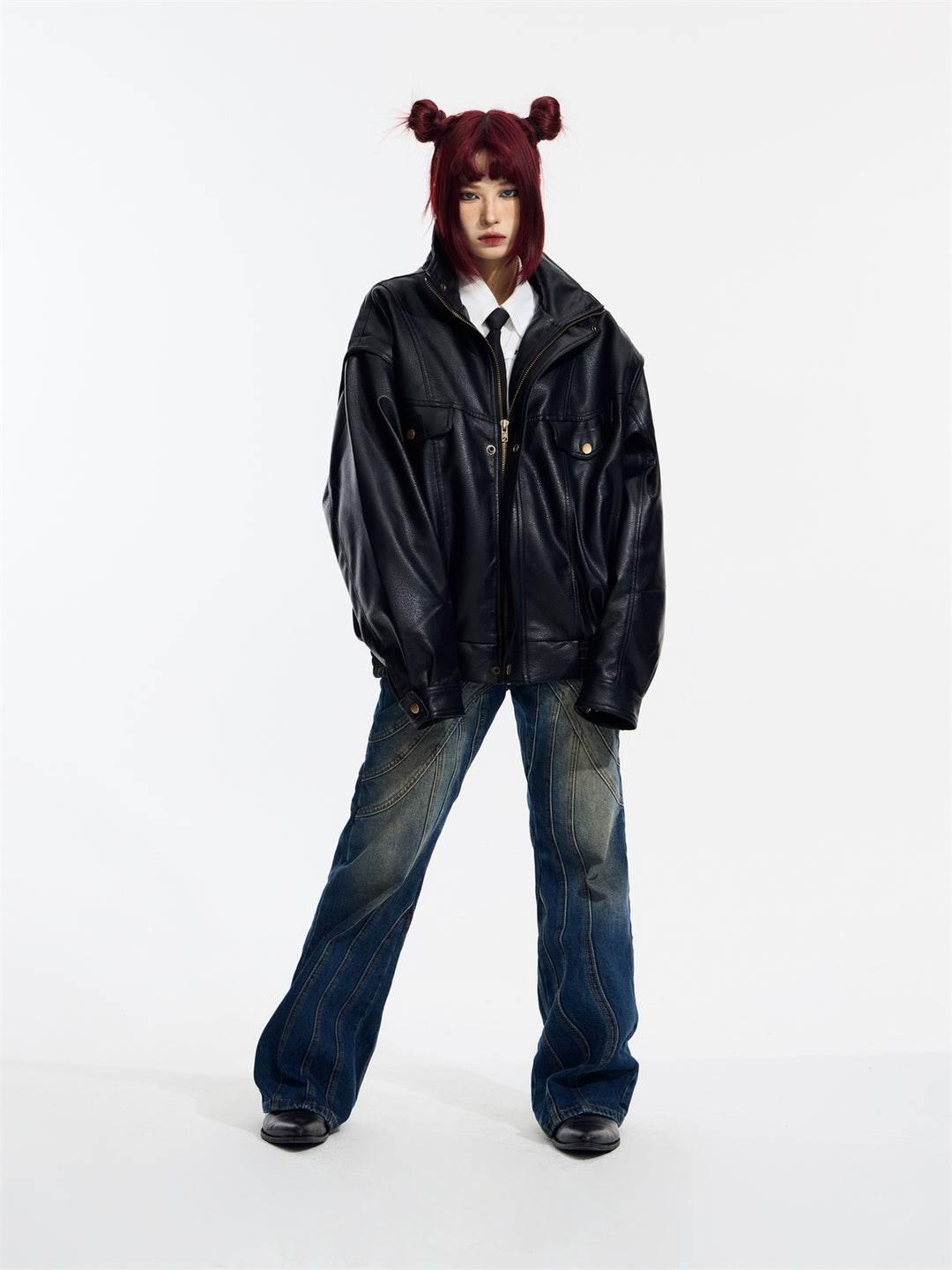 [PeopleStyle] Genderless wear silhouette fashionable leather jacket T0166