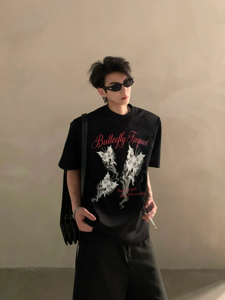 Summer niche high-end butterfly printing heavy shoulder pads short-sleeved T-shirt men's half-sleeved top tide J0087