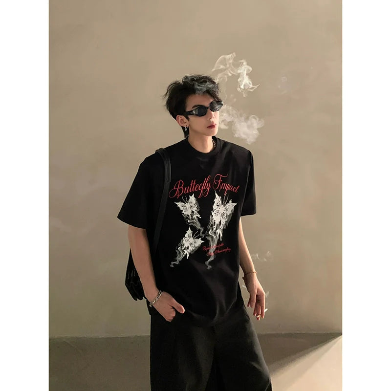 Summer niche high-end butterfly printing heavy shoulder pads short-sleeved T-shirt men's half-sleeved top tide J0087