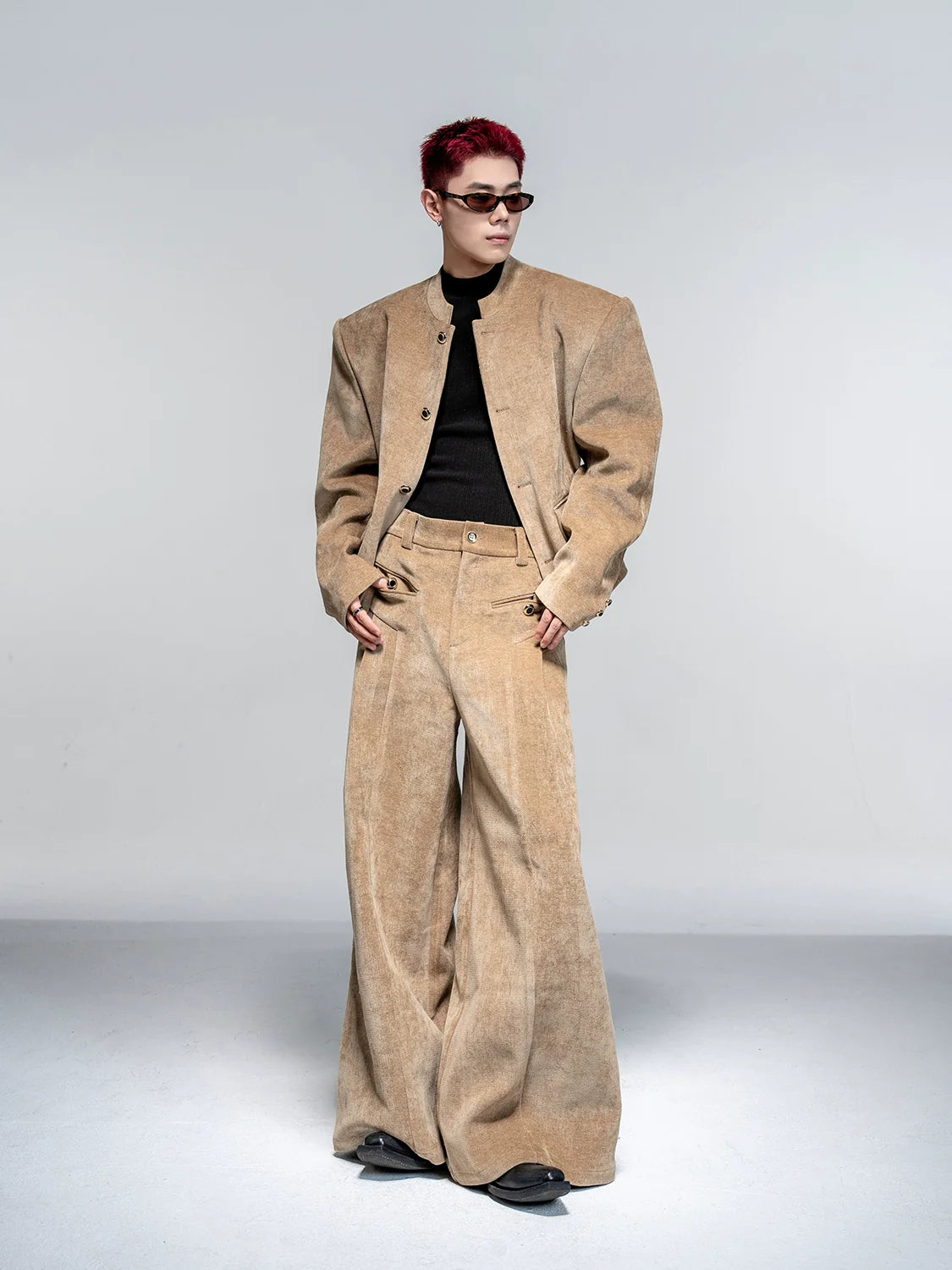 High-end suit suit men's autumn and winter casual suit jacket shoulder padded jacket velvet wide-leg pants two-piece set R025
