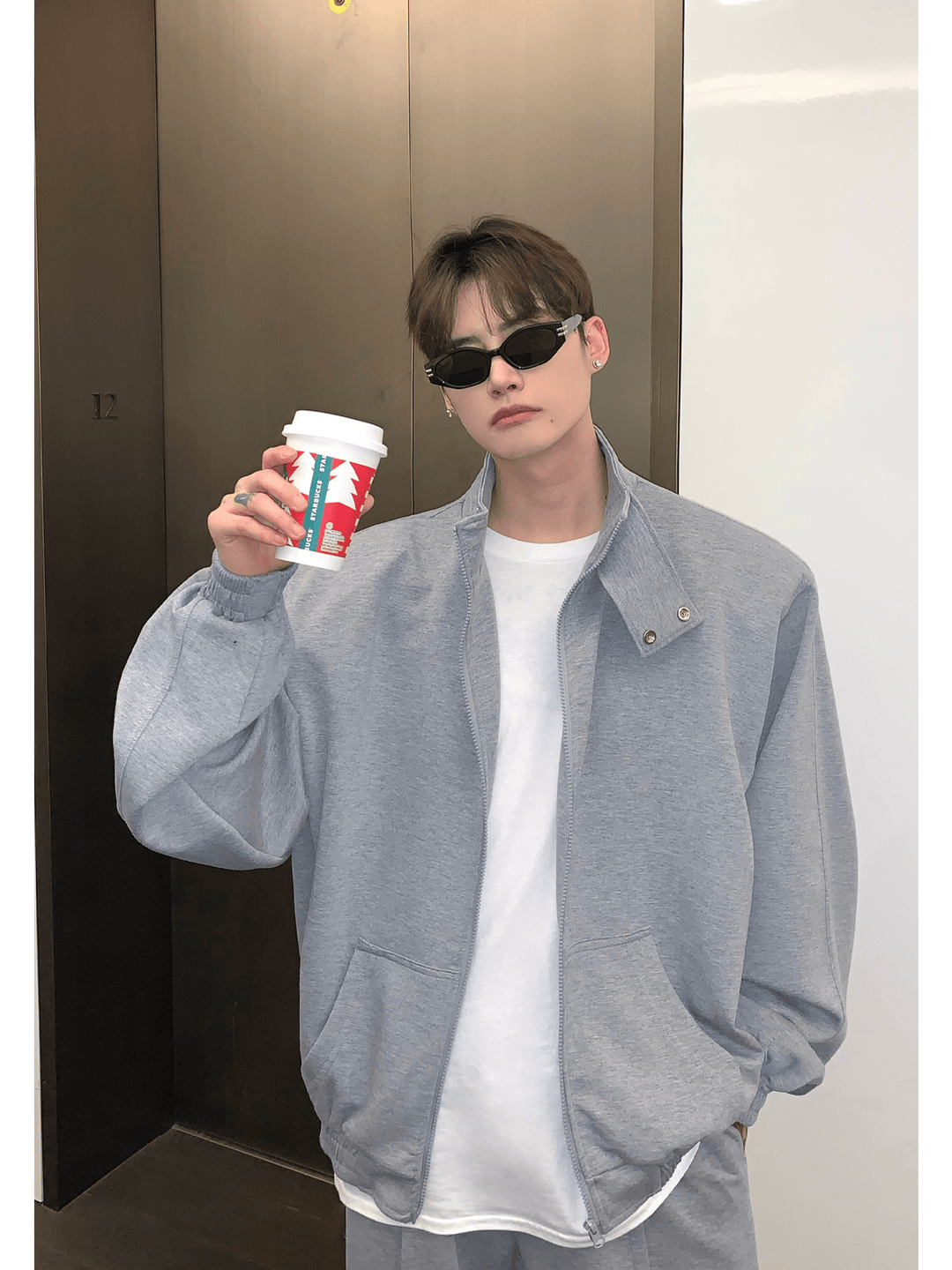 [CUIBUJU] スタンドカラーショルダーパッドカーディガンセーターセットアップ S0195