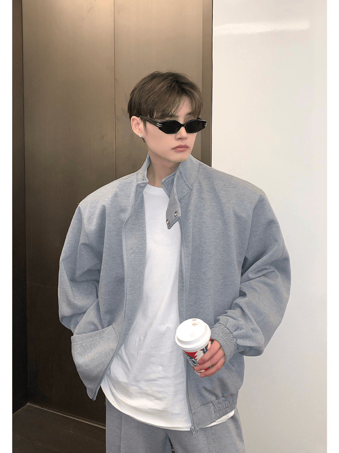 [CUIBUJU] スタンドカラーショルダーパッドカーディガンセーターセットアップ S0195