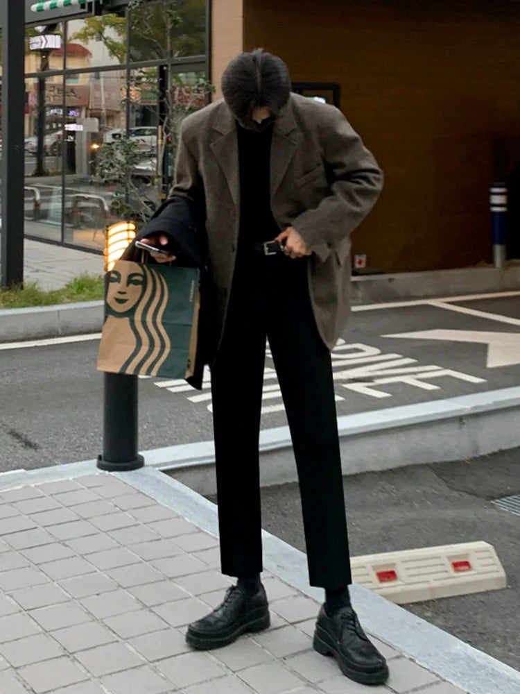 Woolen blazer Men's autumn and winter Korean loose trend thickened high-end small suit top R002