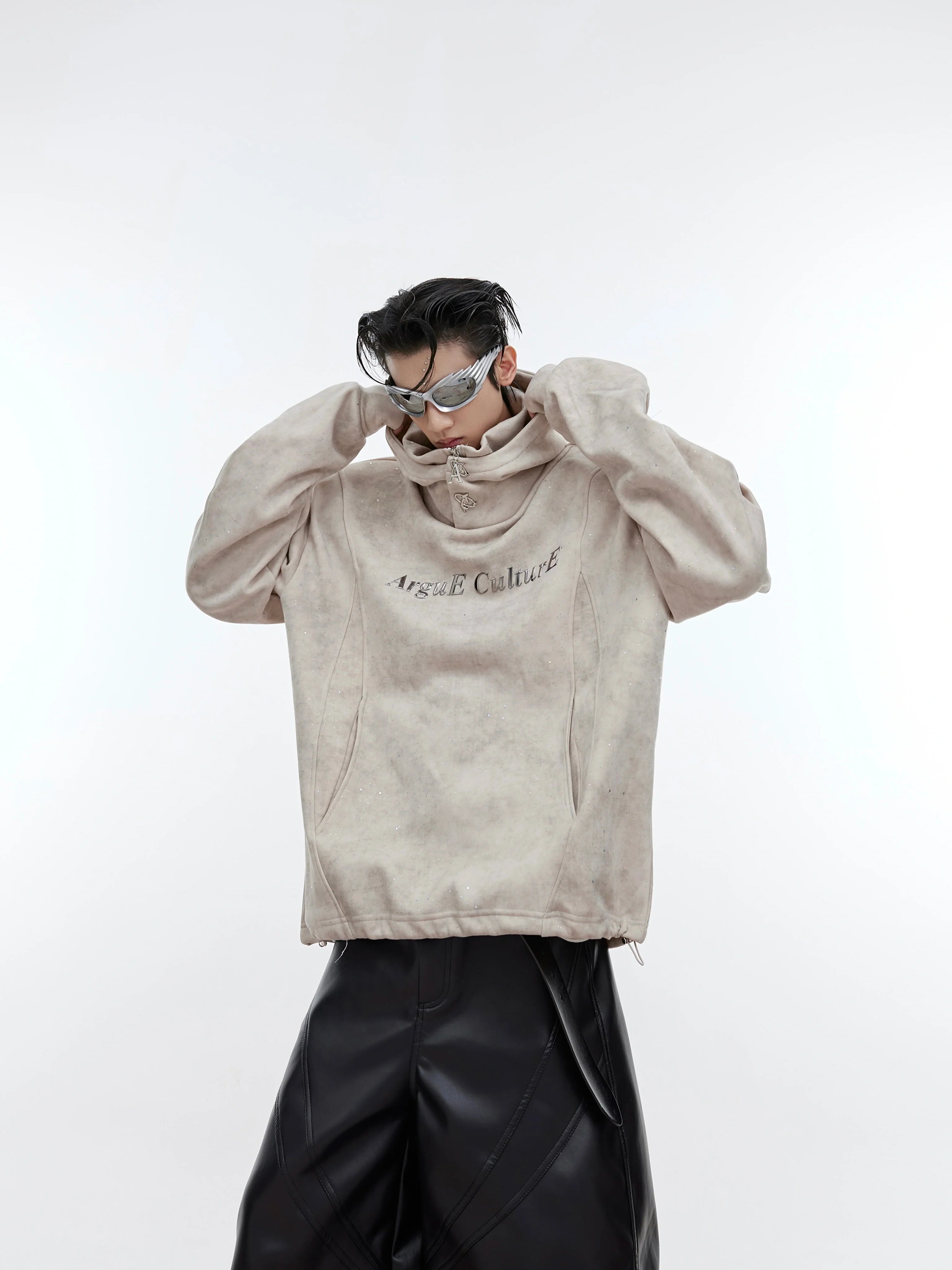 Niche old fine flash double collar design sense casual shoulder pads hooded sweater loose trend top S0168