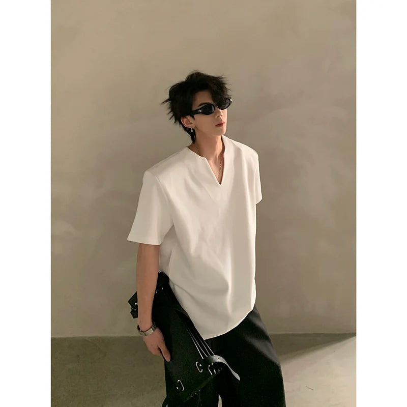 Summer high-end V-neck metal decorative shoulder pads short-sleeved T-shirt male ruffian handsome loose half-sleeved top J0090