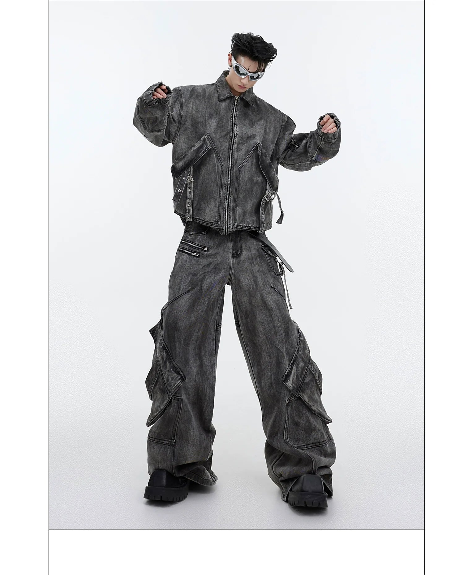 Niche retro old denim suit jacket jacket wasteland heavy zipper big pocket overalls R016