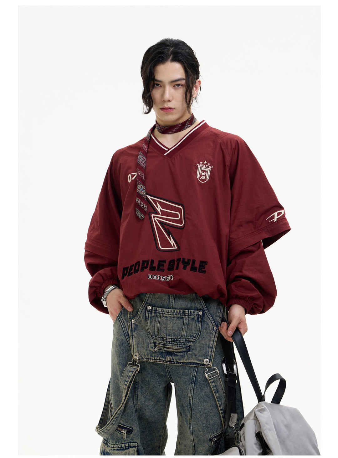 [PeopleStyle] Badge Embroidery Retro Sport V-Neck Sweatshirt S0216