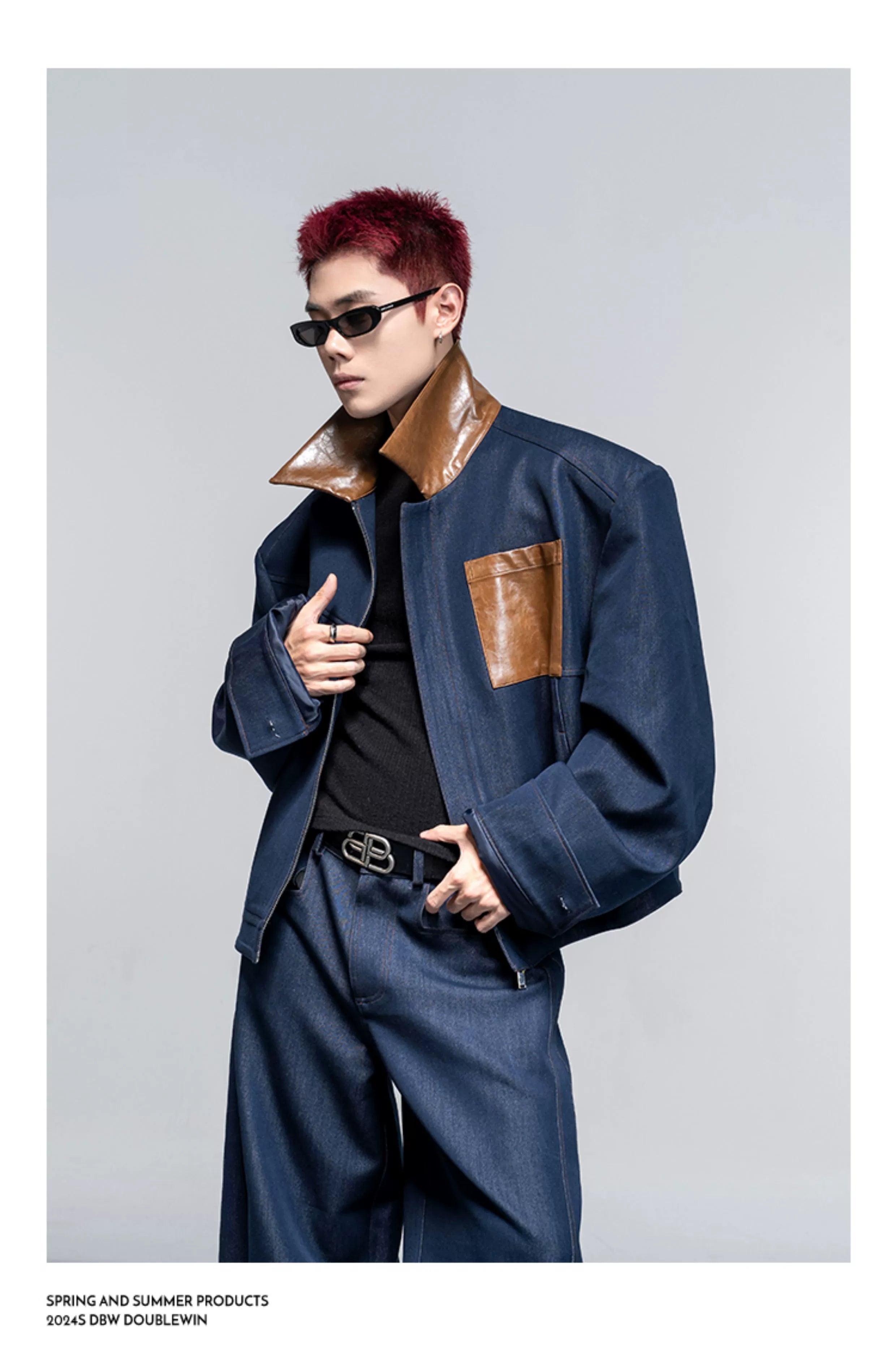 Leather shoulder padded short jacket T0127