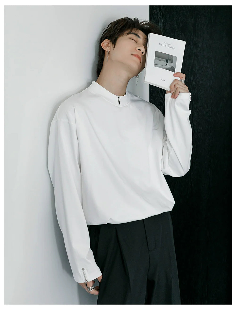 Men's spring zipper design sense inner bottoming shirt thin white long-sleeved T-shirt tide J0084