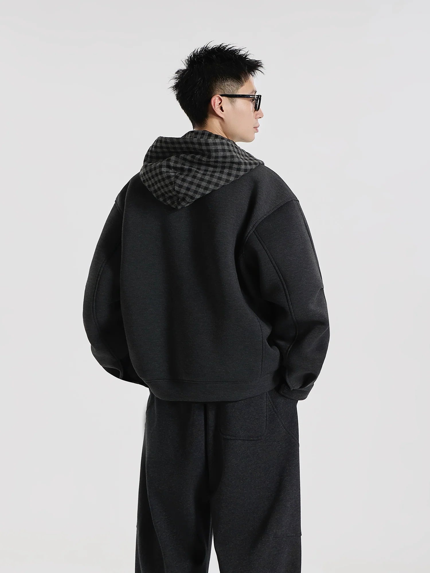 Time Overlapping" Jelly Air Layer Plaid Splicing Fake Two-piece Cardigan Hooded Sweater Jacket S0176