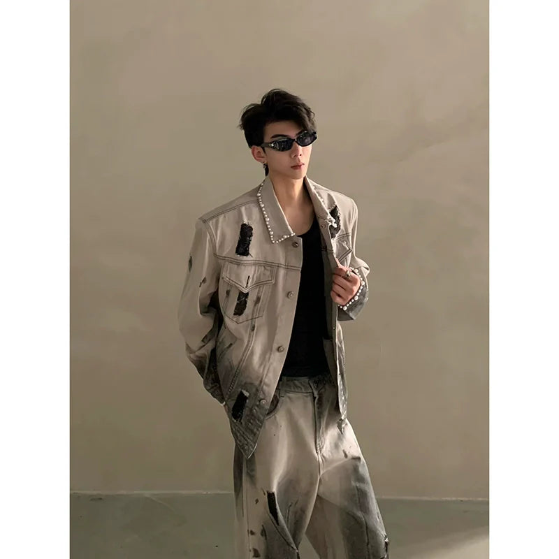 Chaqueta vaquera de alta gama para hombre con hombreras y diseño de agujeros teñidos con tierra de desecho de nicho R007 