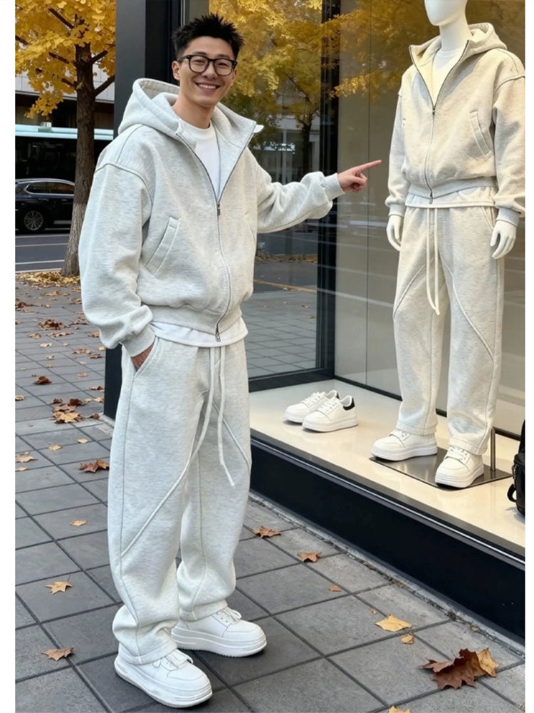 White grey hooded cardigan sweater set T0365