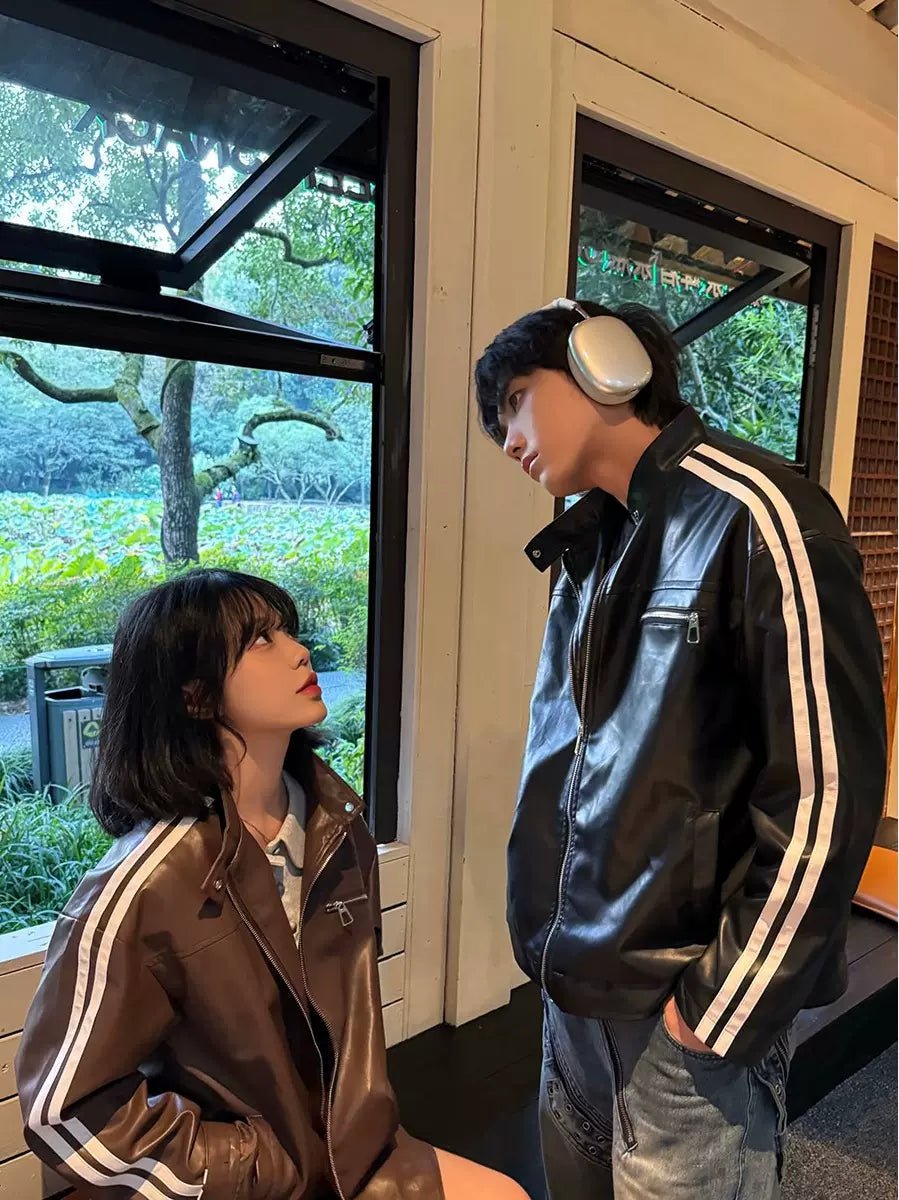 [K09] PU leather striped jacket T0169