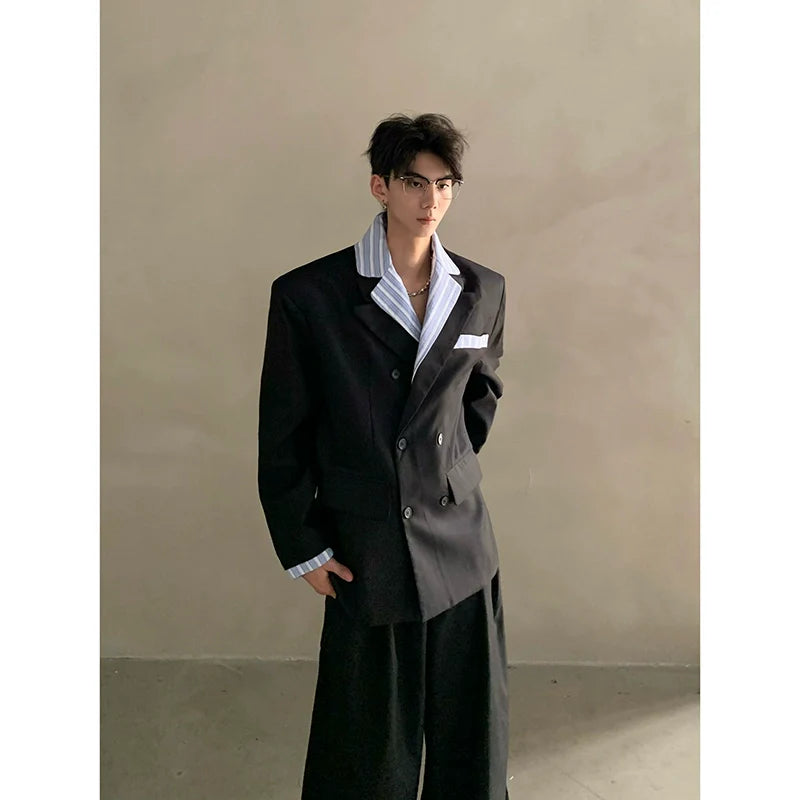 Traje de hombre de alta gama Miu a rayas con cuello camisero y hombreras, chaqueta estilo rufián R005 