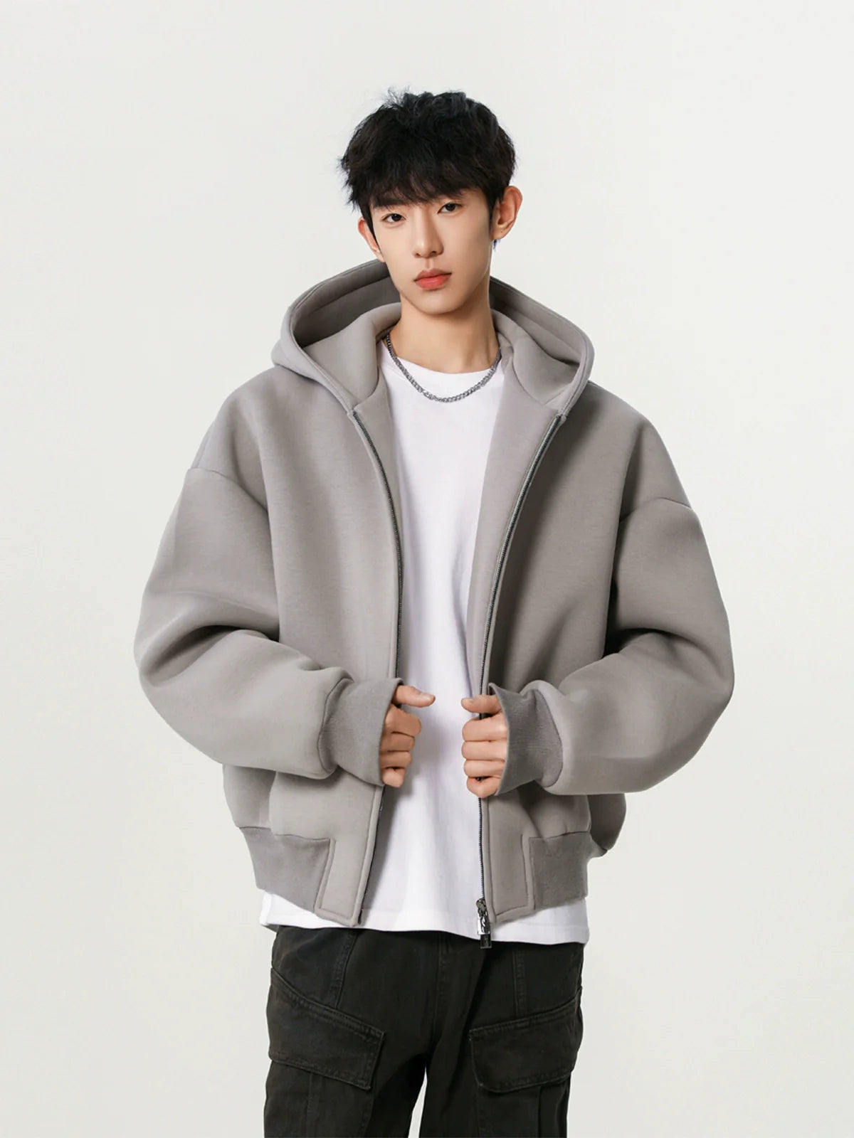 Heavy silhouette cardigan sweater men's spring and autumn new double zipper design hooded fashion short casual coat S0175