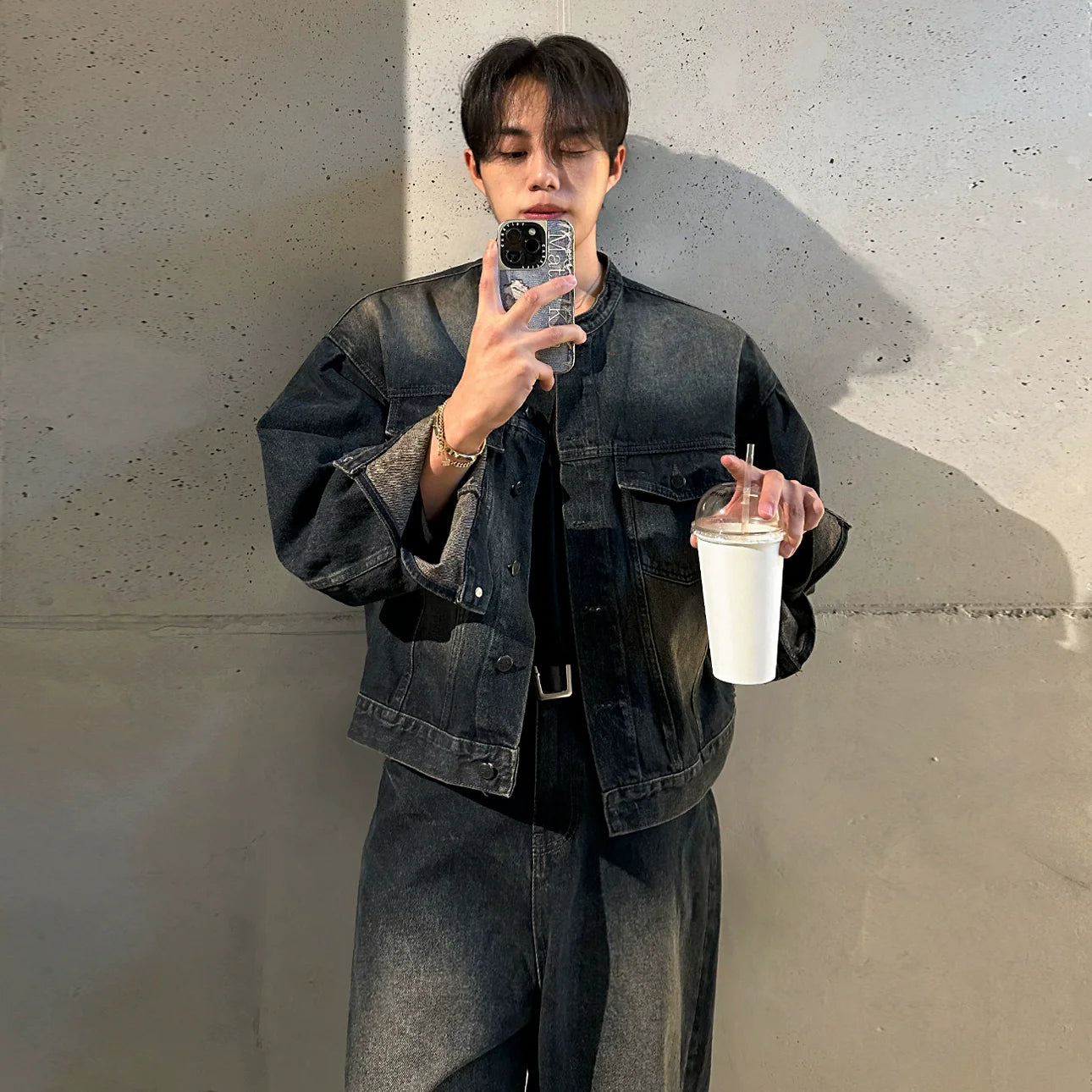 Ruffian handsome retro stand-up collar denim jacket men's spring and autumn loose wide-leg jeans Korean fashion suit T0150