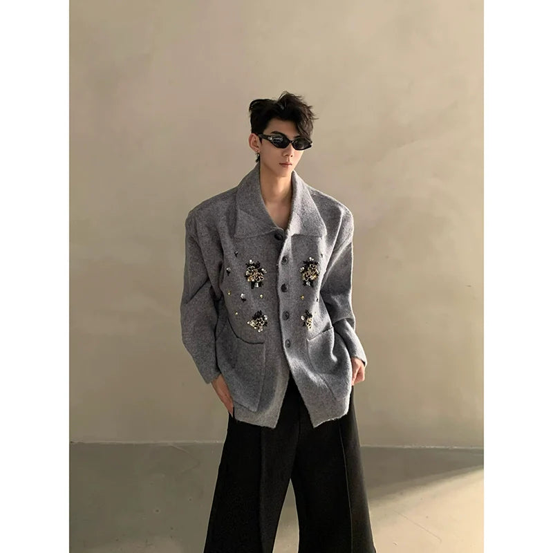 Autumn and winter niche high-end sense of extravagance heavy industry nail flower design knitted sweater men's cardigan jacket tide T0191